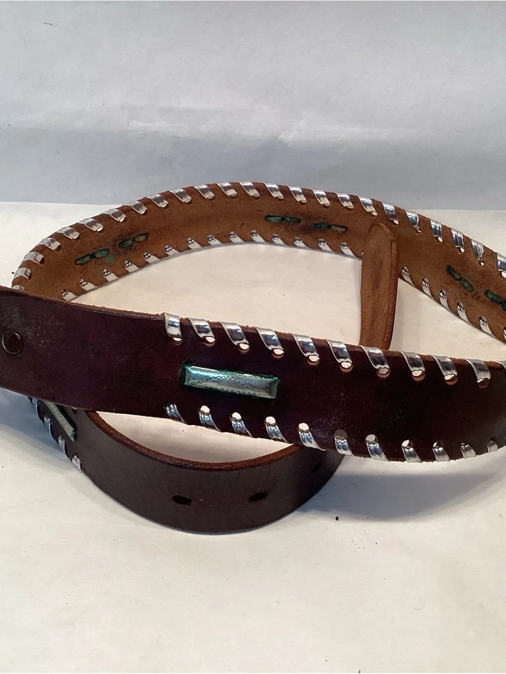 Vintage Leather Belt With Engraved Silver Accents 32 Brown Western Cowboy